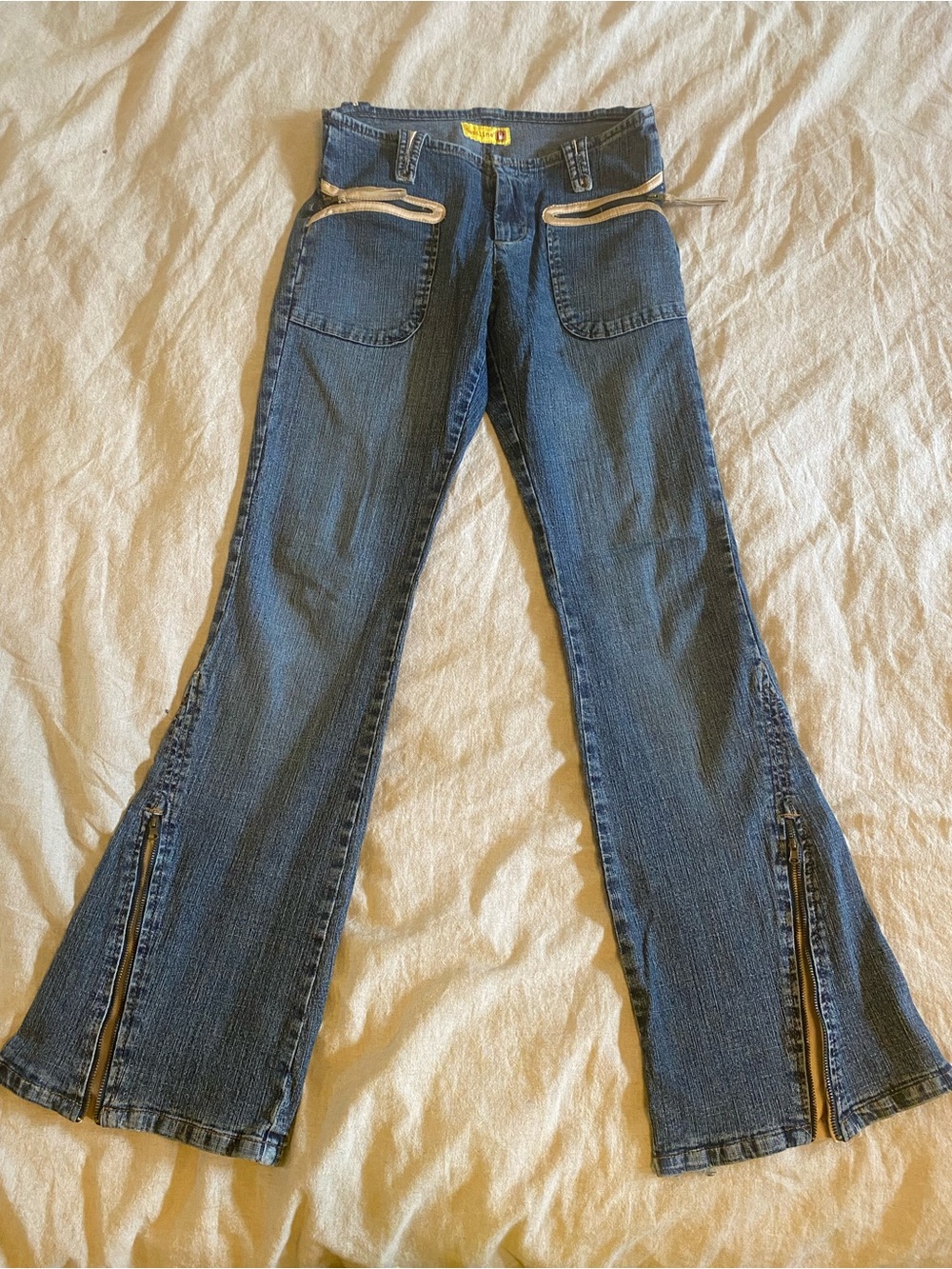 Vintage Gasoline Jeans with Front Patch Pockets and Leg Zipper flare